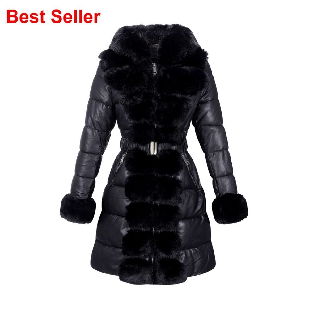 Faux Leather Puffer Coat with Long Fur Trim Hood, Faux Fur Lined